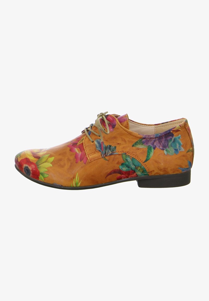 Floral-patterned shoes in orange-brown leather with a smooth finish. Features light green laces and a black rubber sole. Low-cut design.