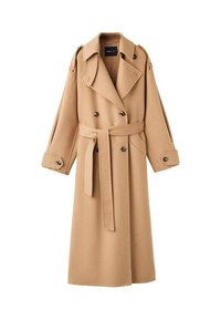 Camel-colored wool trench coat with a double-breasted front, wide lapels, a belted waist, and long sleeves with button details.