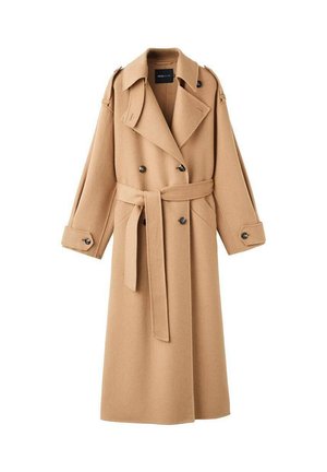 Camelkleurige wollen trenchcoat met een dubbelbreasted voorkant, brede revers, een ceintuur in de taille en lange mouwen met knoopdetails.