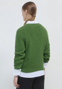 Grüner Strickpullover mit strukturiertem Finish, ausgestattet mit einem Rundhalsausschnitt und langen Ärmeln. Getragen über einem weißen Hemd mit Kragen.