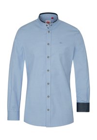 Hemelsblauw overhemd met lange mouwen, voorzien van een mandarin kraag, knoopsluiting en gestructureerde donkerblauwe manchetten. Geborduurd logo op de borst.
