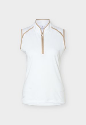 Hihaton valkoinen urheilutoppi, jossa vaaleanruskeat reunat, pystykaulus ja etupuolen puoliksi avattava vetoketju tasaisella taustalla.