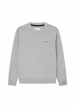 Sweatshirt gris avec un col rond, des poignets et un ourlet côtelés, arborant un petit logo brodé sur la poitrine et du texte sur le poignet.