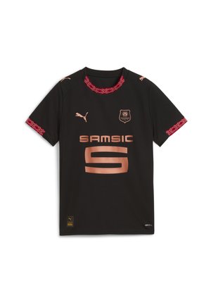 Maillot de football noir à manches courtes, avec des bordures décoratives rouges, un logo cuivré, et le texte "SAM SIC" avec un grand "9" centré sur le devant.