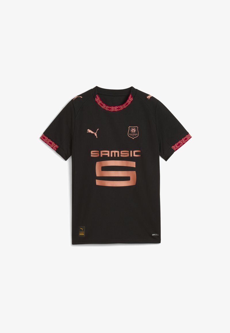 Čierne futbalové tričko s krátkymi rukávmi, červené dekoratívne lemovanie, medená logo a text "SAM SIC" s veľkým "9" umiestneným na prednej strane.