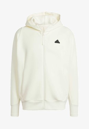 Weißer Reißverschluss-Hoodie aus weichem Stoff, mit langen Ärmeln, einer Kapuze und einem kleinen schwarzen Logo auf der oberen linken Brust.