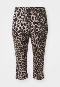 Pantalons à imprimé léopard dans des tons beige, noir et marron. Dotés d'une taille à cordon de serrage, de deux poches latérales et d'une coupe de jambe raccourcie.