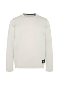 Langärmliges T-Shirt mit Rundhalsausschnitt aus hellgrauem Strickstoff mit subtiler Textur. Verfügt über ein Logo-Patch in der unteren linken Ecke.