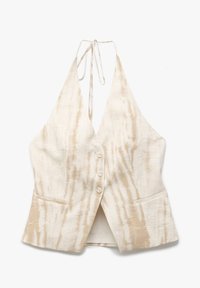 Beige Halter-Weste aus strukturiertem Stoff, mit tiefem V-Ausschnitt, Knopfverschluss und zwei Fronttaschen mit Linienmuster.