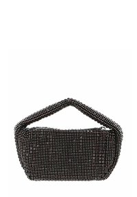 Schwarze Handtasche mit Perlenbesatz, rundem Griff oben und rechteckigem Körper, mit strukturierter Oberfläche und glänzenden, reflektierenden Perlen überall.