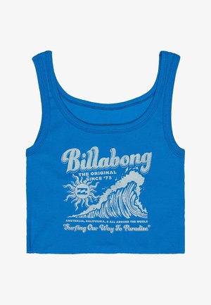 Blauw geribbeld crop-top met een witte grafische afbeelding van zon- en golfmotieven, logo-tekst en de zin "Surfing Our Way To Paradise."