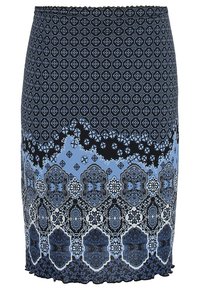 Gonna a fantasia blu con una combinazione di design floreali e geometrici in nero e varie tonalità di blu, con un orlo a scallop.