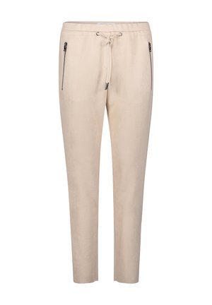 Beige suède joggingbroek met taps toelopende pasvorm, voorzien van een tailleband met trekkoord en twee zijzakken met rits. Soepele textuur en strak design.