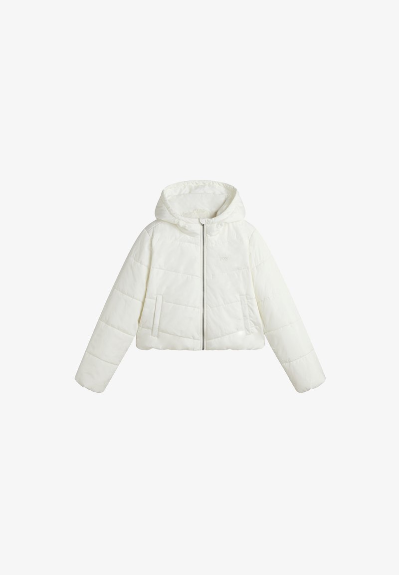 Weißer, cropped Daunenjacke mit Kapuze, ausgestattet mit einem Frontreißverschluss, seitlichen Taschen und gestepptem Design für Isolierung.