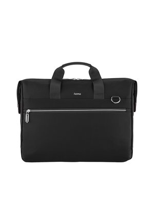 Schwarze rechteckige Laptoptasche mit Doppelgriffen, vorderer Reißverschlusstasche und Metallring-Detail, vorne mittig mit "hama" gebrandet.