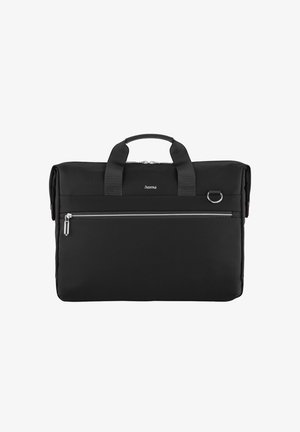 Schwarze rechteckige Laptoptasche mit Doppelgriffen, vorderer Reißverschlusstasche und Metallring-Detail, vorne mittig mit "hama" gebrandet.