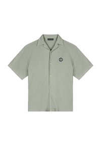Korte mouwen button-up shirt in lichtgroene textuurstof, met een klassieke kraag en een klein zwart logo op de borst.
