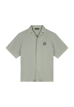 Korte mouwen button-up shirt in lichtgroene textuurstof, met een klassieke kraag en een klein zwart logo op de borst.
