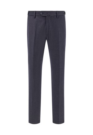 Mørkegrå herrebukser lavet af tekstureret stof, med lige ben, bæltesløjfer, forkantfolder og en enkelt knaplukning.
