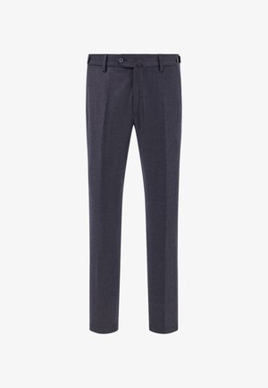 Vyriški tamsiai pilki kelnės, pagamintos iš tekstūruoto audinio, turinčios tiesią kojos formą, diržo kilpas, priekinės raukšlės ir užsegimą su viena mygtuku.