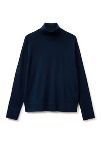 Maglione a collo alto di colore blu navy realizzato in tessuto a maglia testurizzato. Presenta maniche lunghe e un collo e orlo a coste. Design semplice e classico.