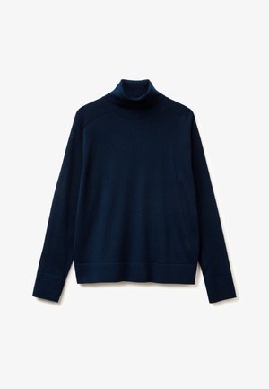 Granatowy sweter z golfem wykonany z teksturowanej dzianiny. Posiada długie rękawy oraz prążkowany kołnierz i dolny brzeg. Prosty, klasyczny design.