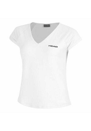 Camiseta deportiva blanca de manga corta con cuello en V y logo "HEAD" en el pecho izquierdo, diseñada para uso atlético.