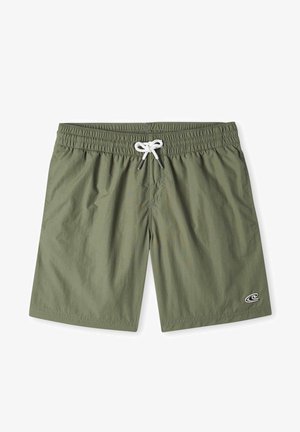 Zielone kąpielówki wykonane z lekkiego materiału, z elastyczną talią i białym sznurkiem do regulacji oraz logo na dolnej prawej stronie.