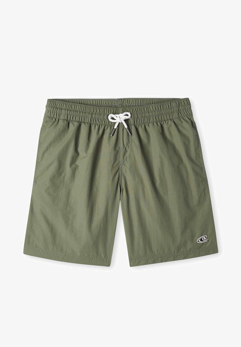 Shorts de bain verts en matériau léger, dotés d'une taille élastique avec un cordon blanc et d'un logo sur le bas côté droit.