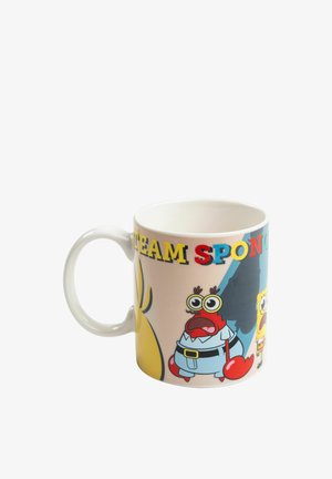 White ceramic mug with colorful "Team Sponge" text and cartoon characters Mr. Krabs and SpongeBob from the SpongeBob SquarePants series.