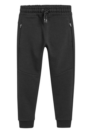 Zwarte taps toelopende joggingsbroek met elastische tailleband, aantrekkoord, ritssluitingen aan de zijkanten en geribde boorden bij de enkels.