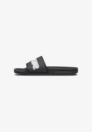 Black slide sandal with a textured strap featuring a white logo. Rubber sole with a smooth finish, flat design, and slightly contoured footbed.