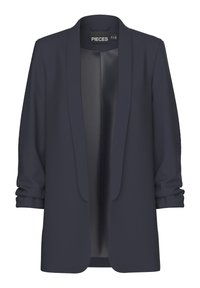 Blazer pour femme bleu marine foncé avec manches froncées et devant ouvert, doté d'une doublure intérieure satinée et d'une étiquette "PIECES" au col.