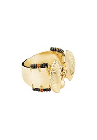 Bracelet ouvert en ton or avec une finition lisse, comportant des perles noires et ambrées, ainsi que des accents décoratifs en forme d'éventail de chaque côté.