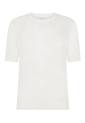 Maglietta bianca a maniche corte in maglia con scollo rotondo e logo discreto in rilievo sulla parte superiore sinistra del petto.