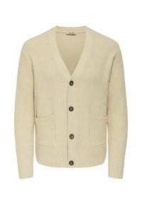 Beige Rippstrick-Cardigan aus strukturiertem Strickstoff. Mit tiefem V-Ausschnitt, sechs Knöpfen auf der Vorderseite und zwei vorderen Taschen.