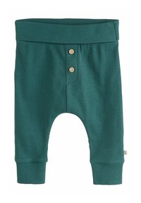 Türkisblaue gerippte Babyhosen mit einem breiten Bund, zwei vorderen Holzknöpfen und Fußbündchen. Weicher Stoff und lässige Passform.