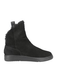 Stivaletti neri in suede con bordo in morbida pelliccia, superficie liscia, suola a strati e chiusura laterale con zip. Logo del brand sul risvolto posteriore.