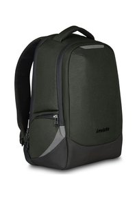 Zaino in tessuto verde con una texture liscia, dotato di tasca anteriore con zip, spallacci imbottiti e pannello grigio di accento alla base.