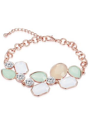Pulsera de oro rosa que presenta piedras en tonos pastel de formas variadas en verde, blanco y beige, con acentos transparentes, unidas por una cadena.