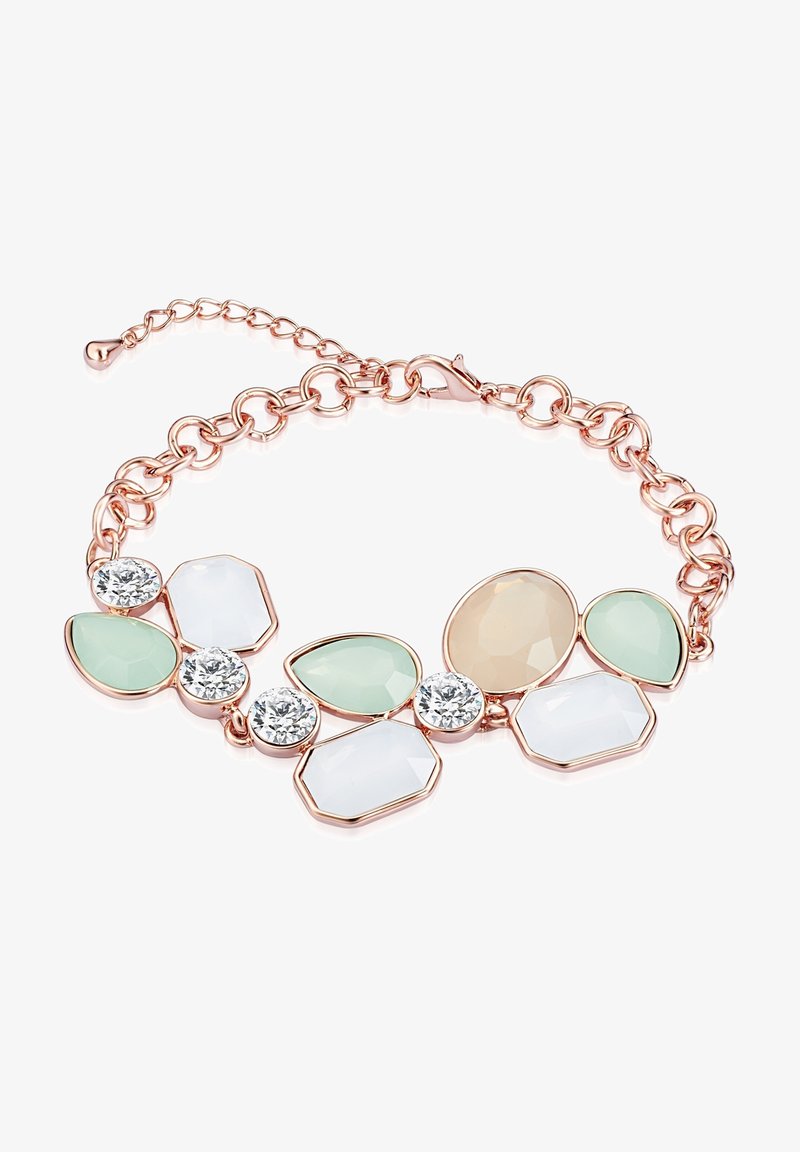 Rožinio aukso apyrankė, papuošta įvairių formų pastelinių spalvų akmenimis: žaliais, baltais ir kreminiais, su skaidriais akcentais, sujungta grandinėle.