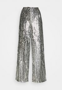 Pantalony s flitry s vysokým pasem, širokými nohavicemi, stříbrnou barvou a vertikálním pruhovaným vzorem pro reflexní efekt.