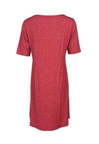 Rotes Kleid mit kurzen Ärmeln, das ein Wellenmuster in Lila und Weiß aufweist. Hergestellt aus einem weichen Stoff, mit rundem Ausschnitt und lockerem Schnitt.