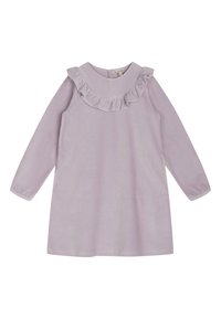Das lavendelfarbene Langarmkleid verfügt über einen gerüschten Kragen, eine weiche Samtstruktur und eine lässige Passform, ohne sichtbare Verschlüsse.