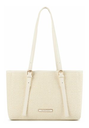 Borsa tote intrecciata color crema con due lunghe cinghie regolabili e una piccola targhetta rettangolare con il logo Valentino sul davanti.
