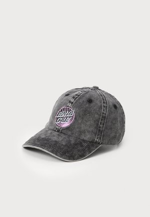 Gray denim baseball cap with a curved brim, featuring a circular embroidered logo in pink and black on the front panel.