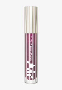 Lipglass in un tubo trasparente, con strisce verticali dorate e viola, di una vivace tonalità di prugna scintillante e il logo MAC sulla parte anteriore.