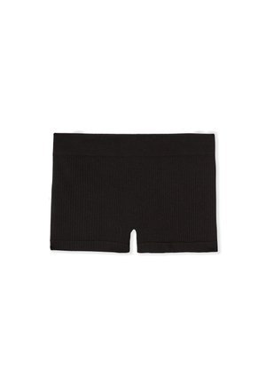 Sous-vêtement style boyshort en tissu côtelé noir avec une large ceinture élastique et une petite couture centrale devant.