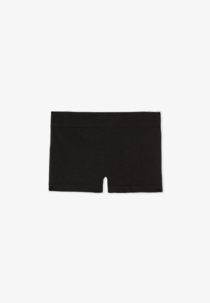 Sous-vêtement style boyshort en tissu côtelé noir avec une large ceinture élastique et une petite couture centrale devant.