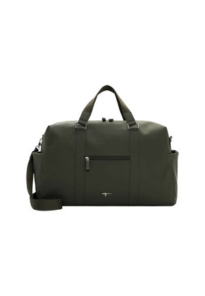 Olive green duffel bag made of durable nylon. Features top handles, adjustable shoulder strap, front zip pocket, and silver logo accent.